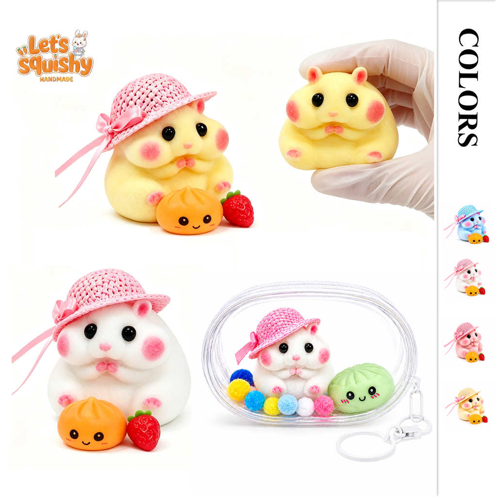 Letssquishy Handmade Taba Hamster Squishy Toy, Ultra-Soft Silicone Squeeze Sensory Fidget Toys, Cute Mochi Hamster Desk Decor for Stress Relief, Portable Kawaii Gift with Strawberry, Dumpling & Hat Accessories