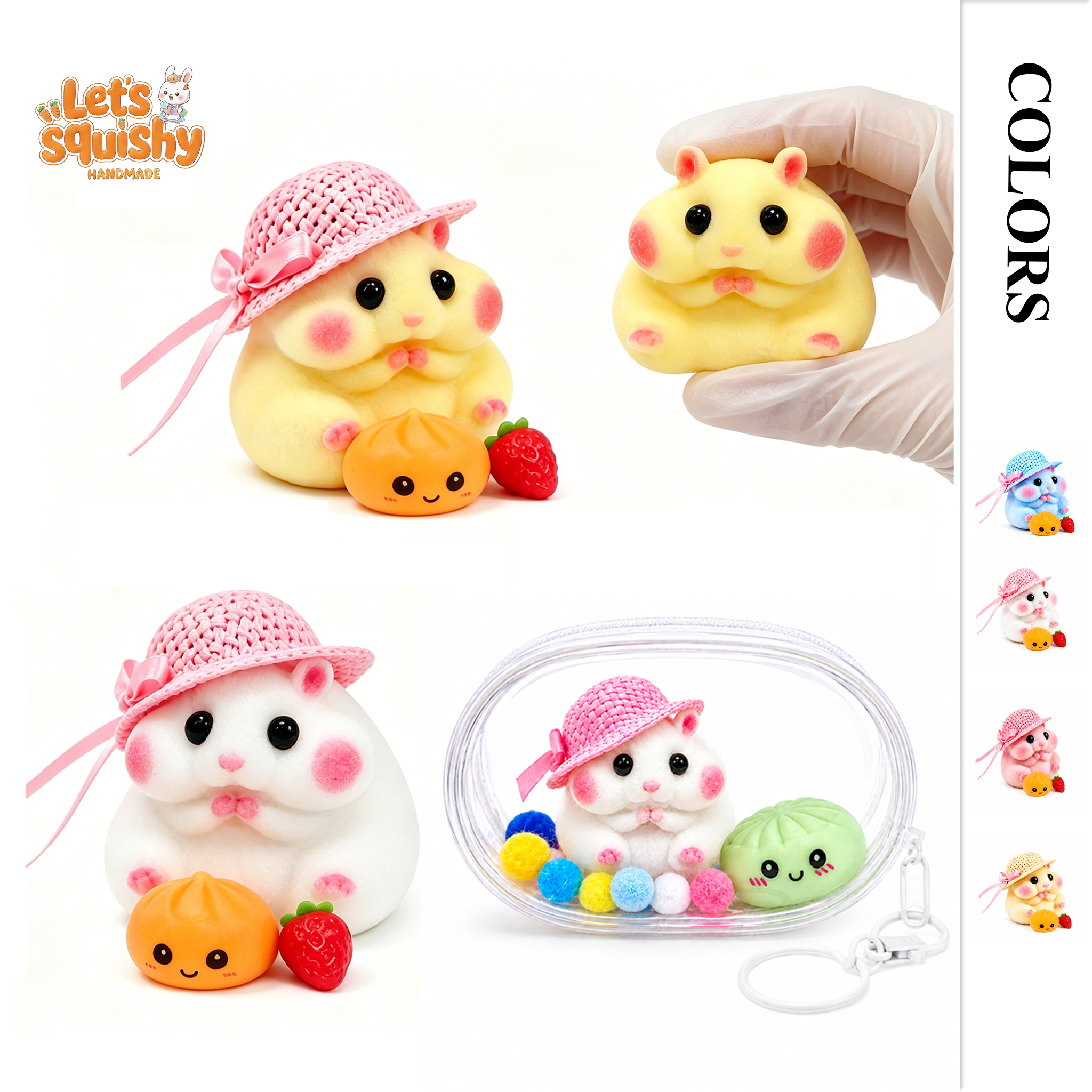 Letssquishy Handmade Taba Hamster Squishy Toy, Ultra-Soft Silicone Squeeze Sensory Fidget Toys, Cute Mochi Hamster Desk Decor for Stress Relief, Portable Kawaii Gift with Strawberry, Dumpling & Hat Accessories