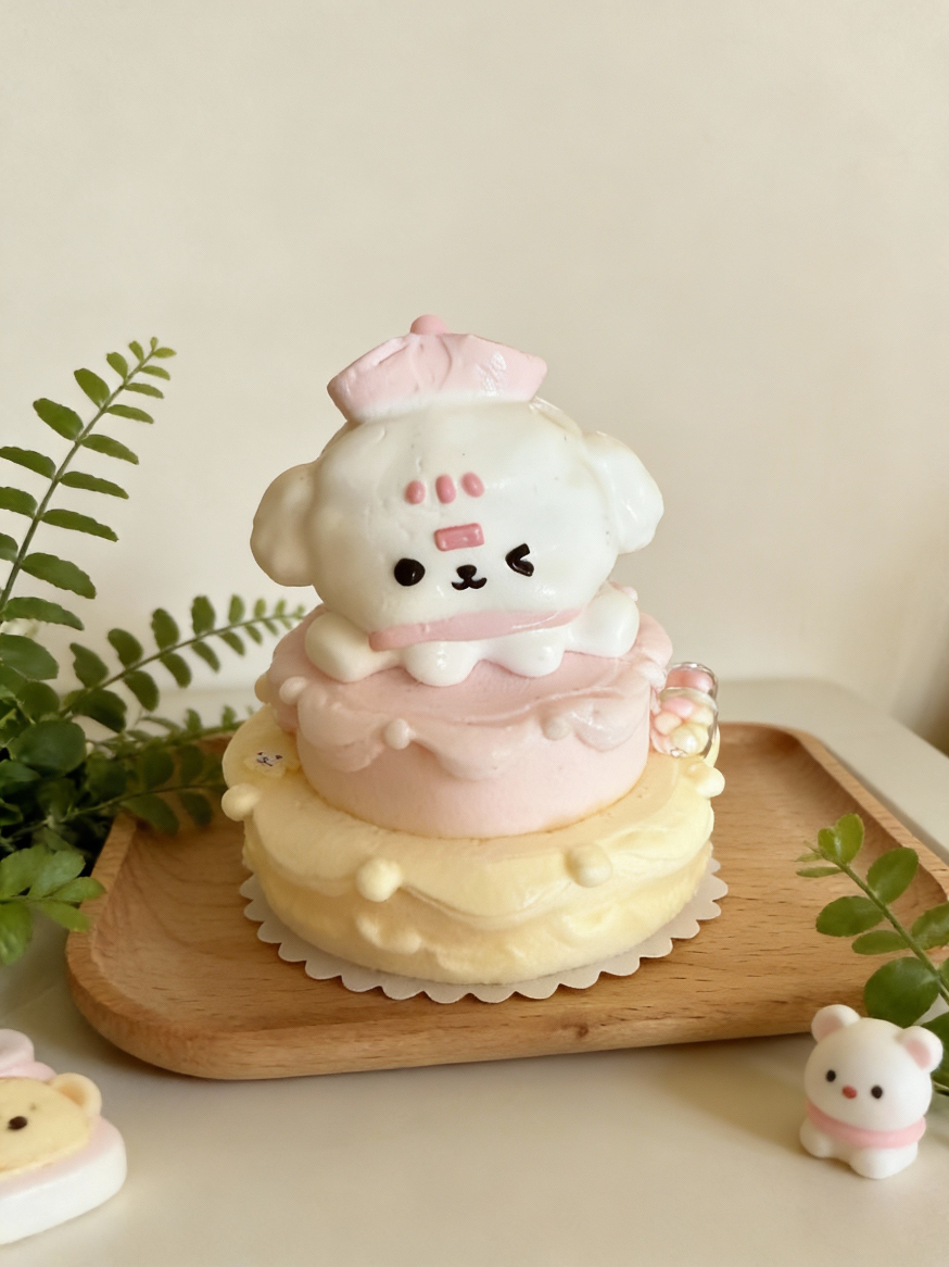 Letssquishy かわいいピンク＆ベージュの子犬ケーキ型装飾フィギュア - かわいいデスクオーナメント