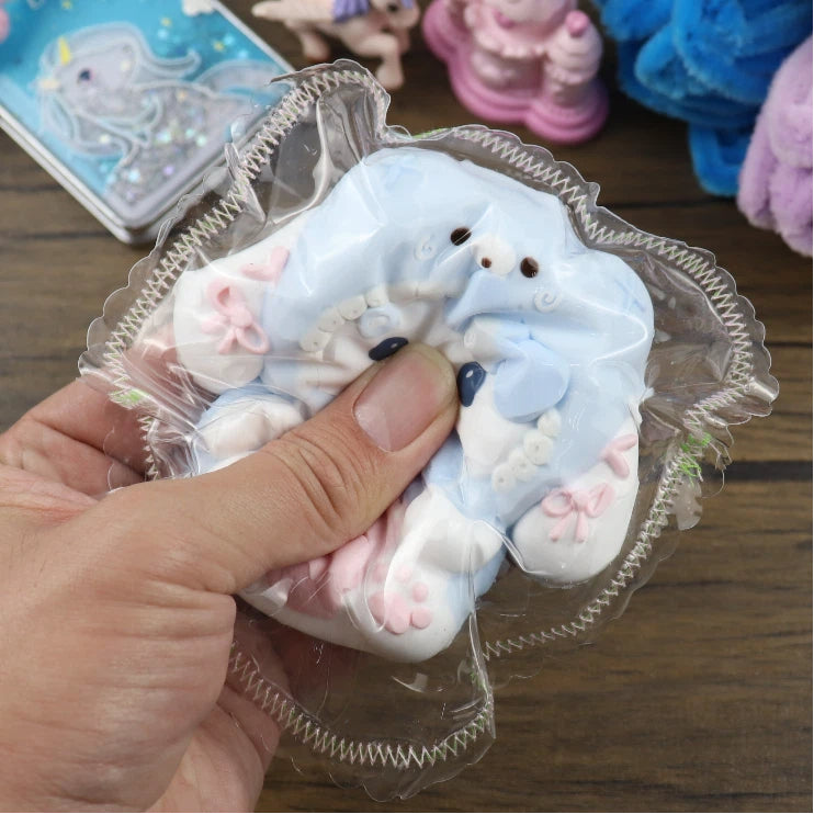 Letssquishy Taba Squishy：小さな白い子犬用ブルーベアヘッドカバー - 手作りシリコンスクイーズフィジェットトイ