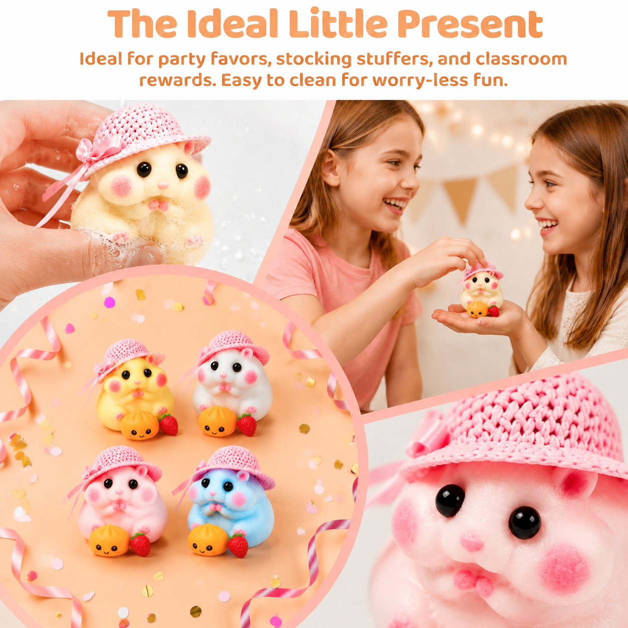 Letssquishy Handmade Taba Hamster Squishy Toy, Ultra-Soft Silicone Squeeze Sensory Fidget Toys, Cute Mochi Hamster Desk Decor for Stress Relief, Portable Kawaii Gift with Strawberry, Dumpling & Hat Accessories