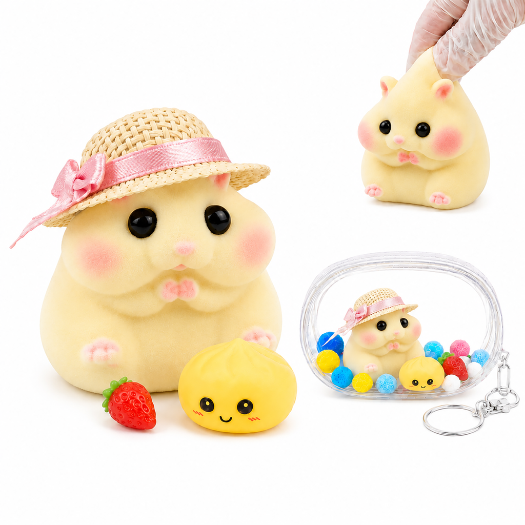 Letssquishy Handmade Taba Hamster Squishy Toy, Ultra-Soft Silicone Squeeze Sensory Fidget Toys, Cute Mochi Hamster Desk Decor for Stress Relief, Portable Kawaii Gift with Strawberry, Dumpling & Hat Accessories