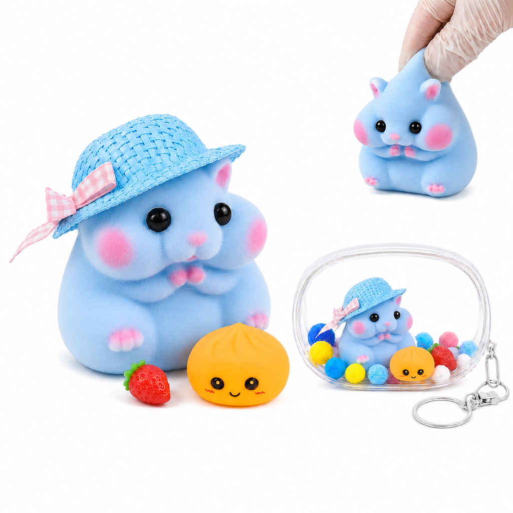 Letssquishy Handmade Taba Hamster Squishy Toy, Ultra-Soft Silicone Squeeze Sensory Fidget Toys, Cute Mochi Hamster Desk Decor for Stress Relief, Portable Kawaii Gift with Strawberry, Dumpling & Hat Accessories