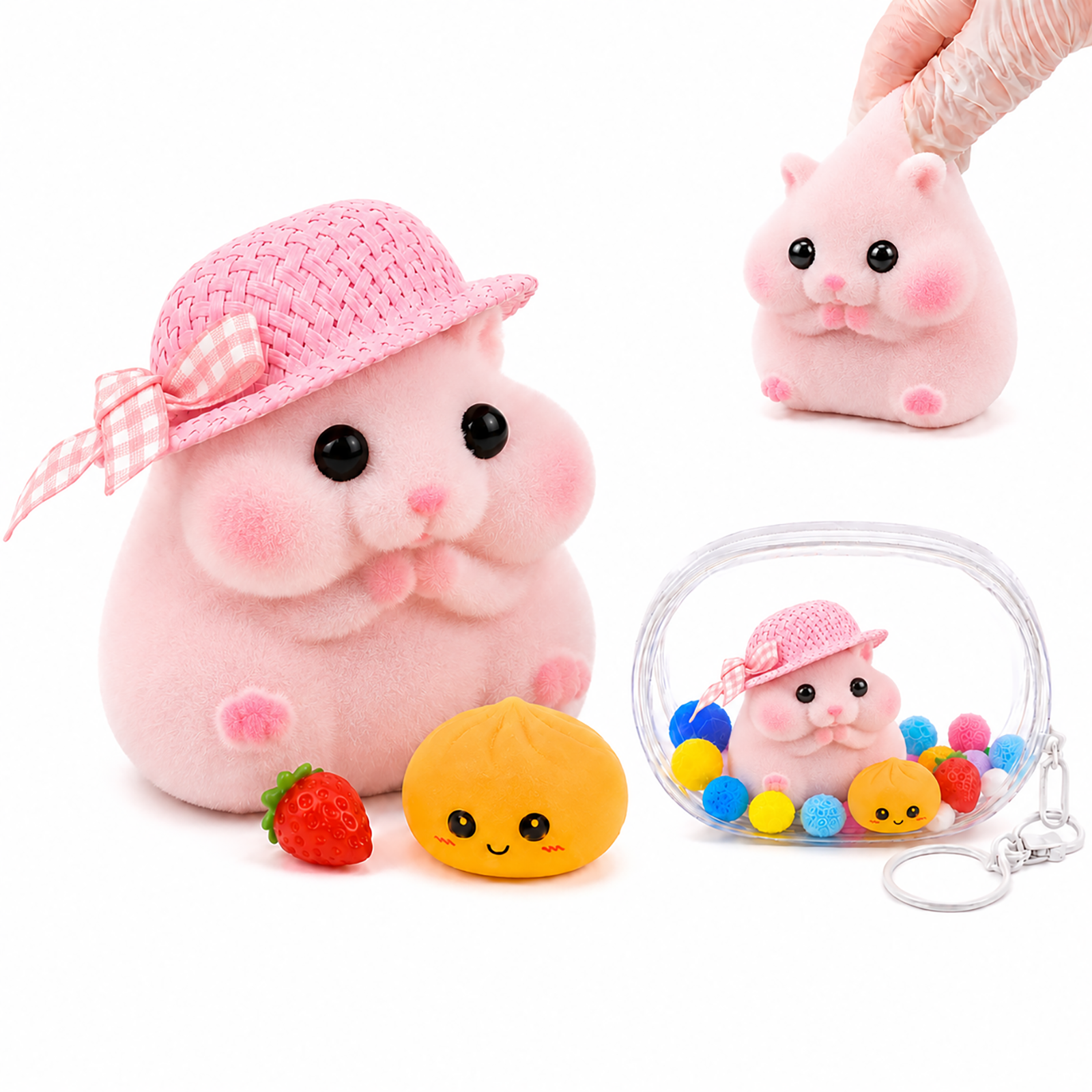 Letssquishy Handmade Taba Hamster Squishy Toy, Ultra-Soft Silicone Squeeze Sensory Fidget Toys, Cute Mochi Hamster Desk Decor for Stress Relief, Portable Kawaii Gift with Strawberry, Dumpling & Hat Accessories