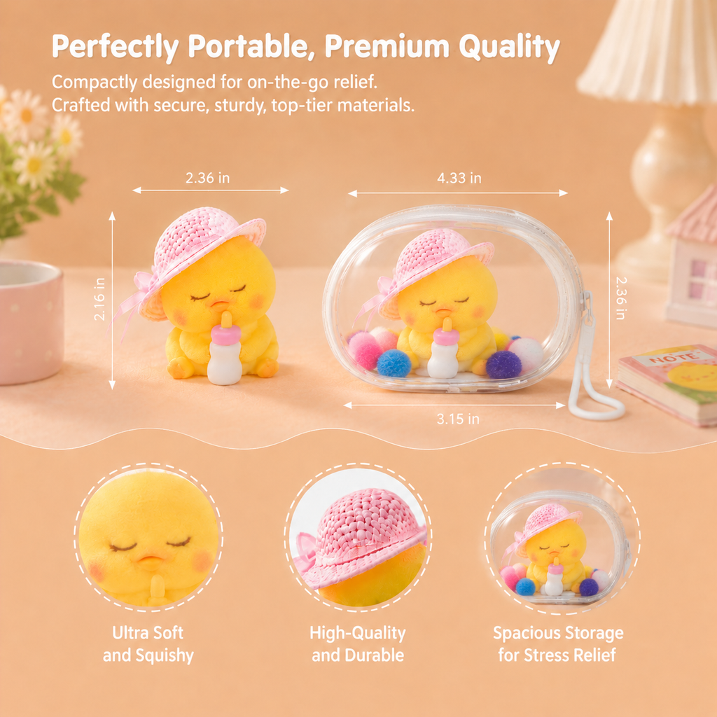LETSSQUISHY Handmade Taba Duck Squishy Toy Set, Ultra-Soft Flocking Silicone Squeeze Sensory Fidget Toys, Cute Mochi Duck Desk Decor for Stress Relief, Collectible Gift with Removable Hat, Baby Bottle & Headphone Accessories