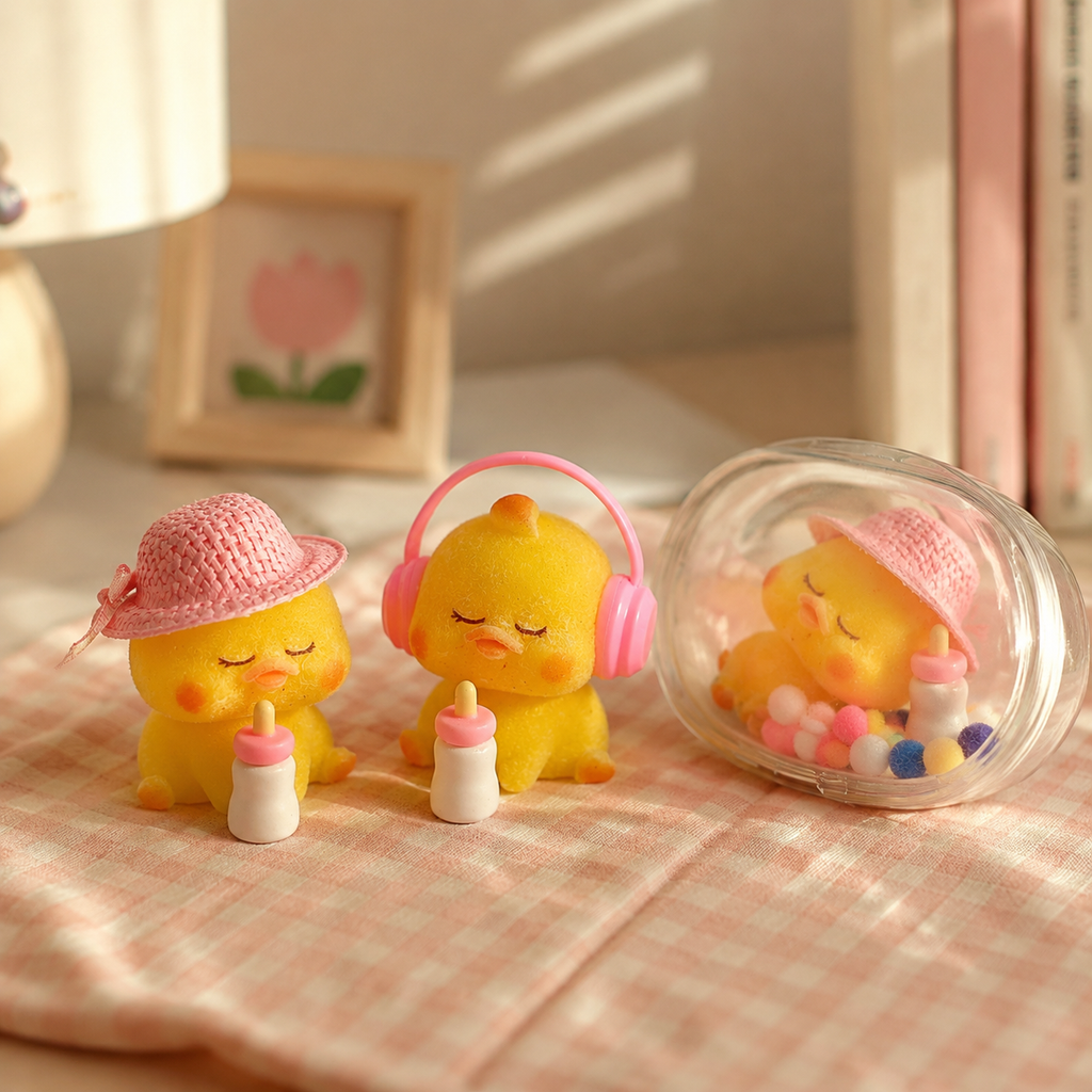 LETSSQUISHY Handmade Taba Duck Squishy Toy Set, Ultra-Soft Flocking Silicone Squeeze Sensory Fidget Toys, Cute Mochi Duck Desk Decor for Stress Relief, Collectible Gift with Removable Hat, Baby Bottle & Headphone Accessories