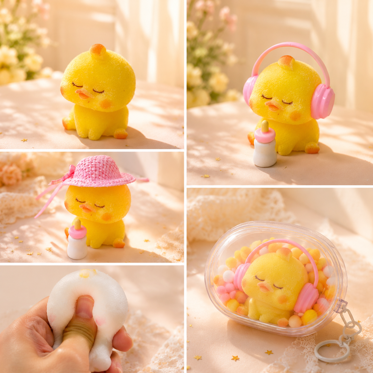 LETSSQUISHY Handmade Taba Duck Squishy Toy Set, Ultra-Soft Flocking Silicone Squeeze Sensory Fidget Toys, Cute Mochi Duck Desk Decor for Stress Relief, Collectible Gift with Removable Hat, Baby Bottle & Headphone Accessories