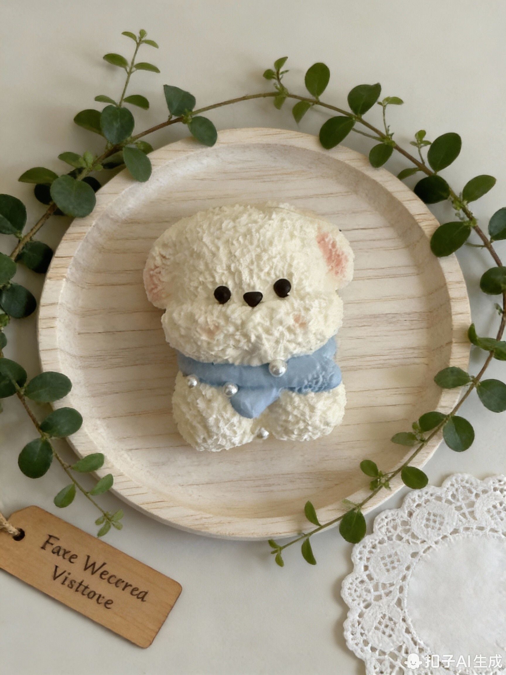 Letssquishy ホワイト ぬいぐるみテディベア ブルーリボン付き - パールアクセントのミニマリスト装飾置物