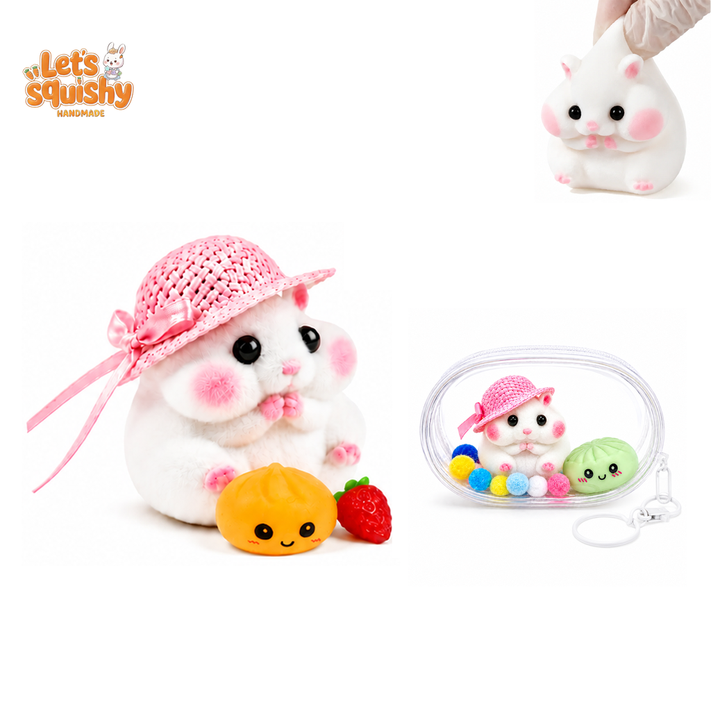 Letssquishy Handmade Taba Hamster Squishy Toy, Ultra-Soft Silicone Squeeze Sensory Fidget Toys, Cute Mochi Hamster Desk Decor for Stress Relief, Portable Kawaii Gift with Strawberry, Dumpling & Hat Accessories