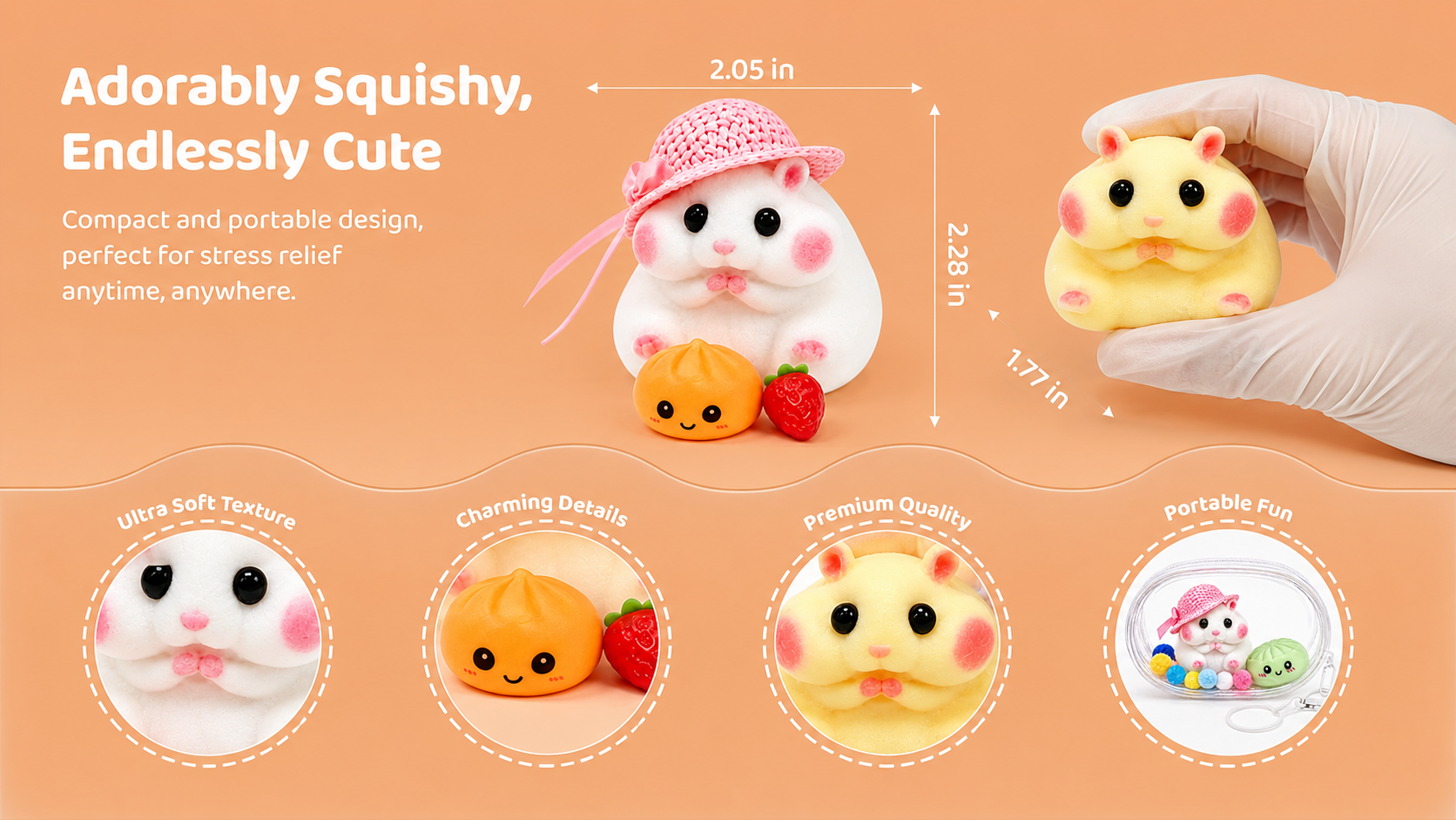 Letssquishy Handmade Taba Hamster Squishy Toy, Ultra-Soft Silicone Squeeze Sensory Fidget Toys, Cute Mochi Hamster Desk Decor for Stress Relief, Portable Kawaii Gift with Strawberry, Dumpling & Hat Accessories