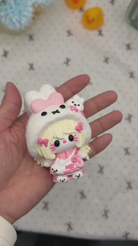 Letssquishy Taba Squishy：白いウサギの頭をかぶった子猫 - 手作りシリコンスクイーズフィジェットトイ